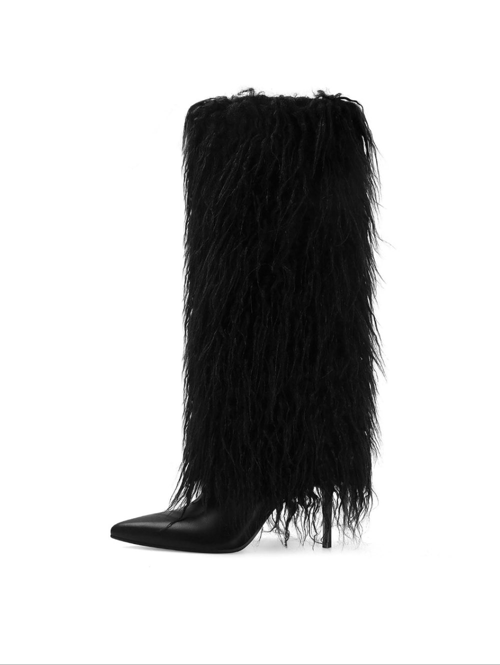 Faux Fur Knee-High Pointed-Toe Boots in Black 9.5